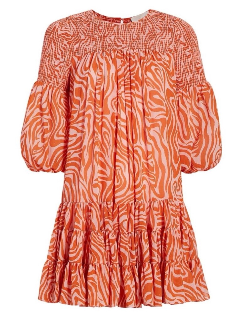 Cinq A Sept | Pink and Orange Zebra-Print Mini Dress | Smocked | size 4 - Picture 4 of 15